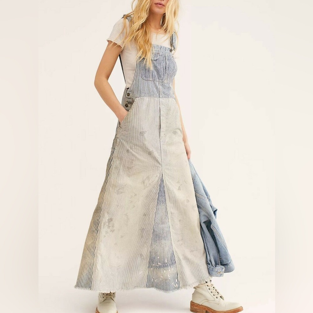 Free People Heritage Skirtall Blue Distressed Stripe Maxi Denim Dress - Picture 2 of 6
